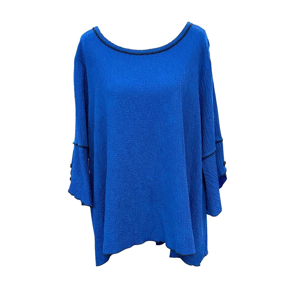 Ali Miles Textured Tunic Top Petite XL Blue 3/4 Bell Sleeve Mature Lagenlook